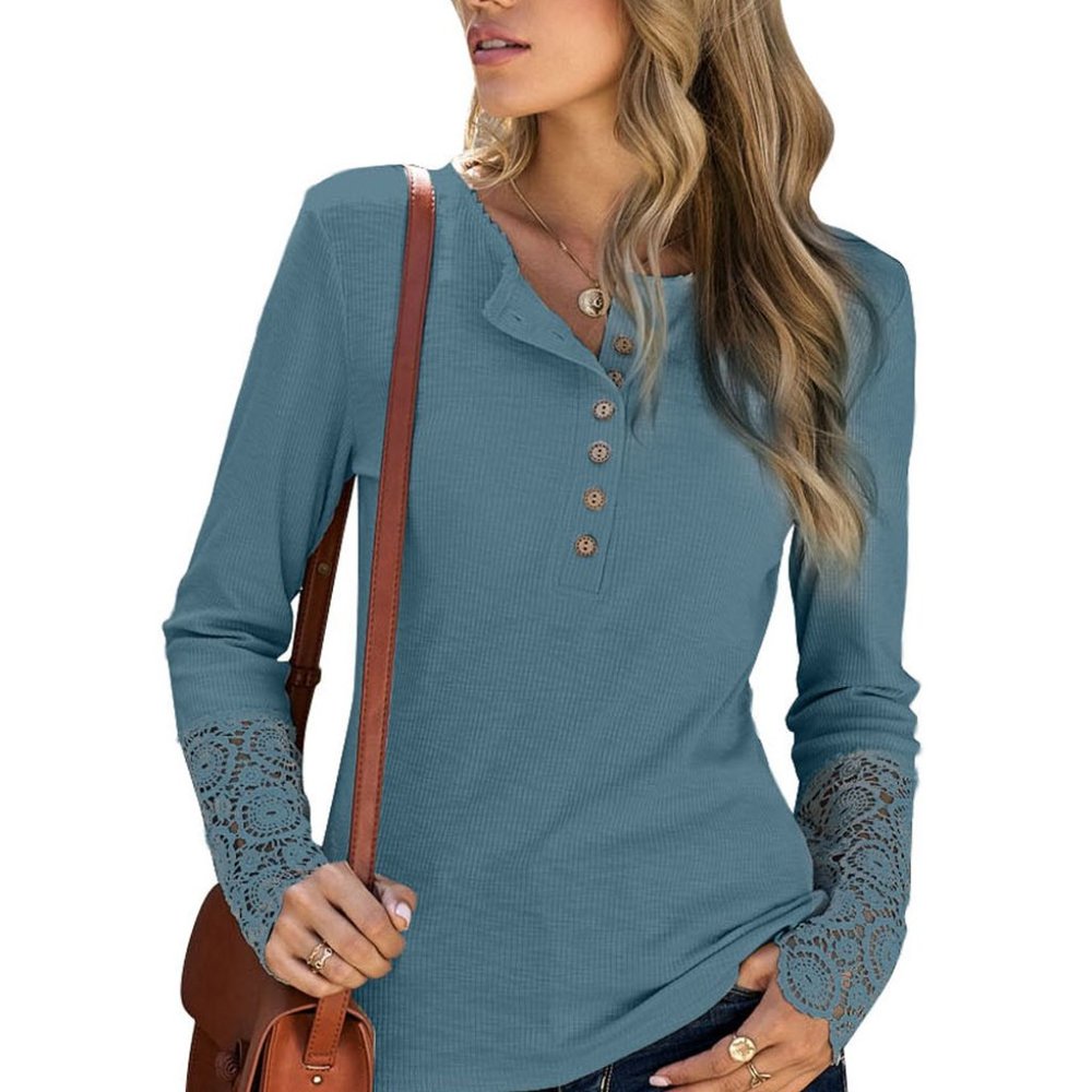 Blue Crochet Lace Hem Sleeve Button Top - Picture 4 of 10